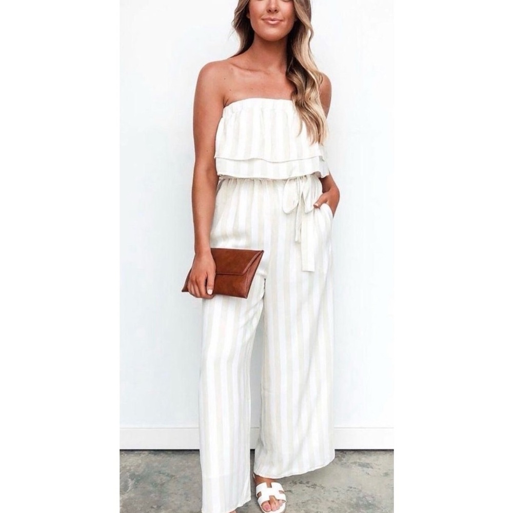 Strapless Ivory Stripe Wide-Leg Jumpsuit